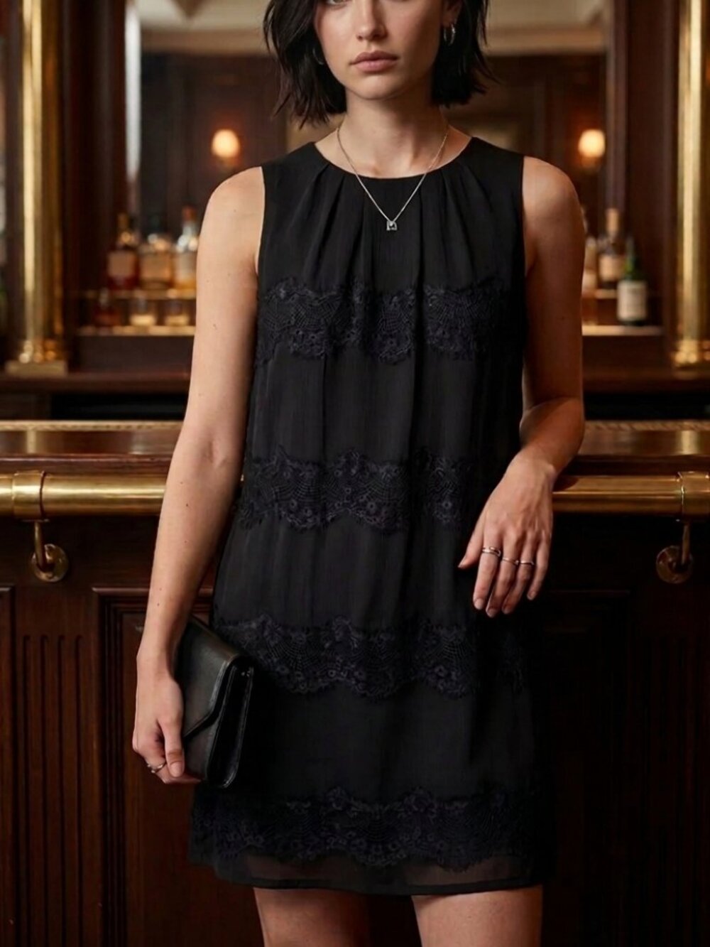 Esprit Black Sleeveless Lace Trim Shift Dress Size M